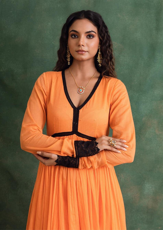 Orange Lacey Cross Gather Anarkali Suit Set