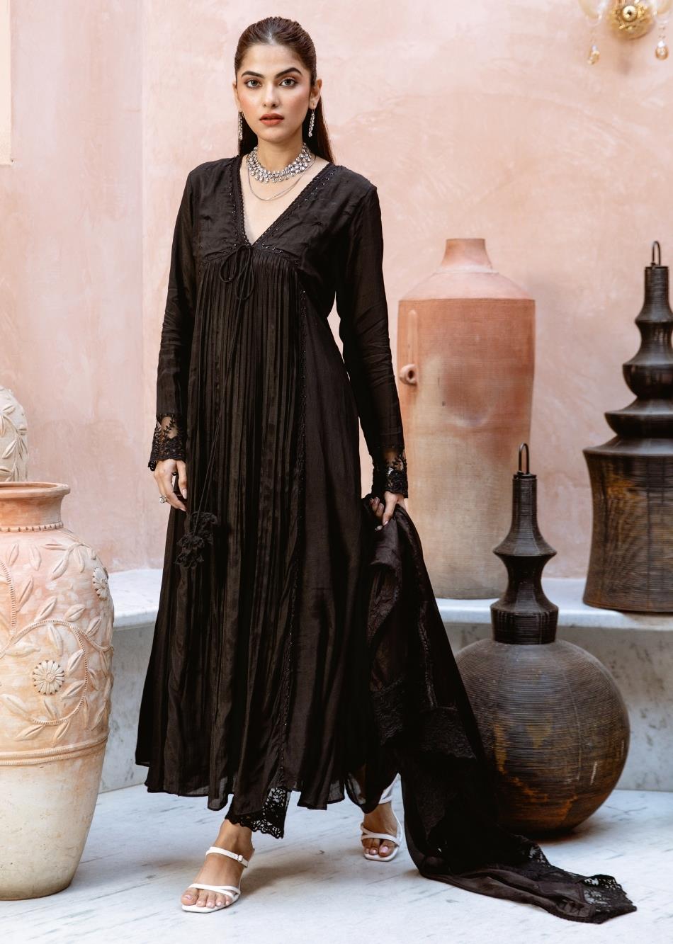 Black Silk Cross Gather Anarkali Suit Set