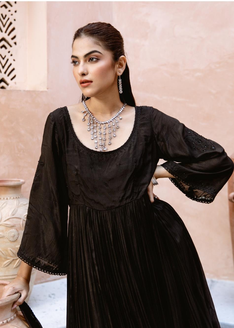 Black Silk Gather Anarkali Suit Set