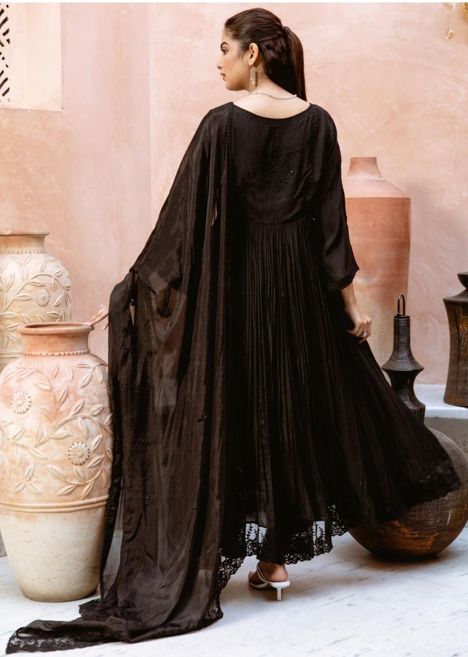 Black Silk Gather Anarkali Suit Set