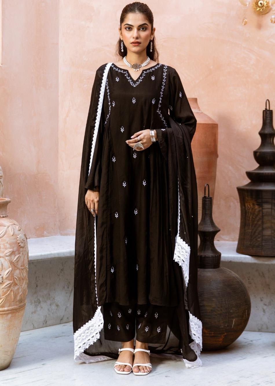 Black Silk Side Gather Anarkali Suit Set