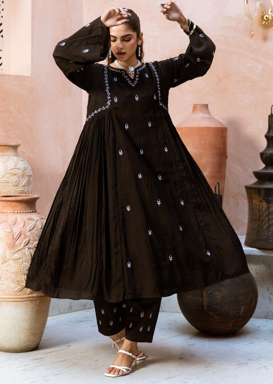 Black Silk Side Gather Anarkali Suit Set