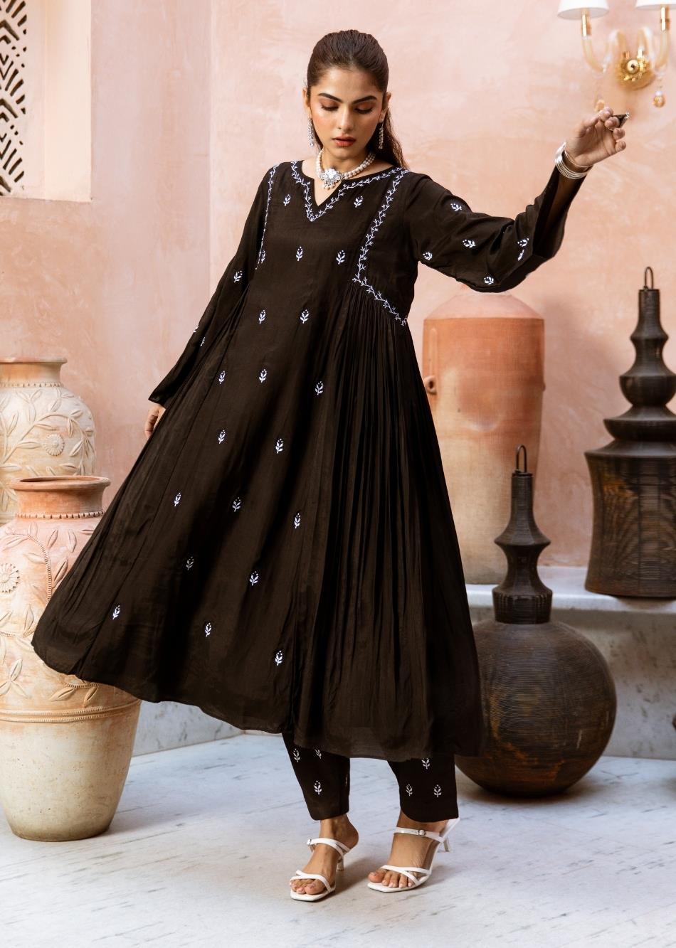 Black Silk Side Gather Anarkali Suit Set