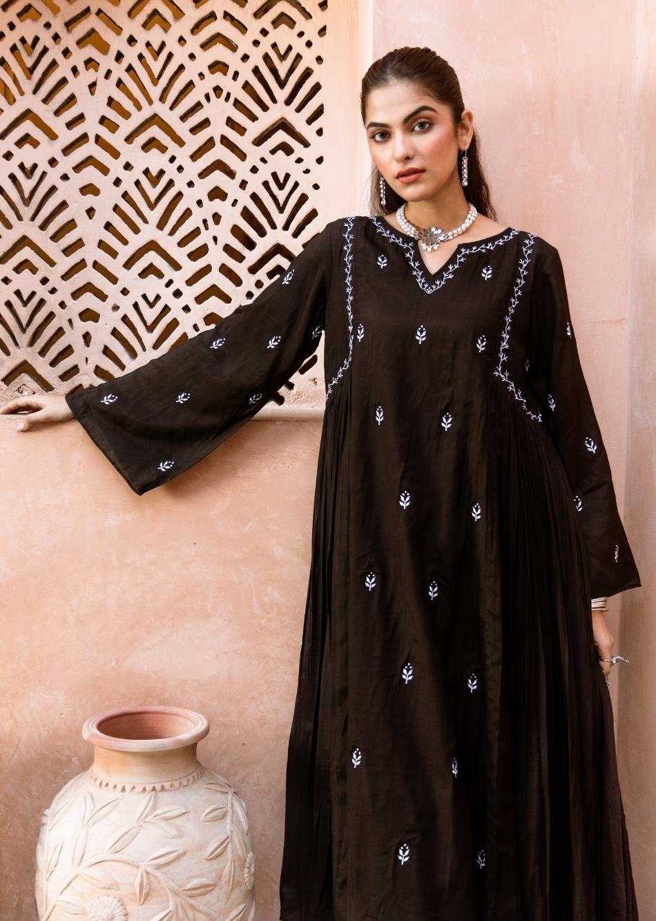 Black Silk Side Gather Anarkali Suit Set