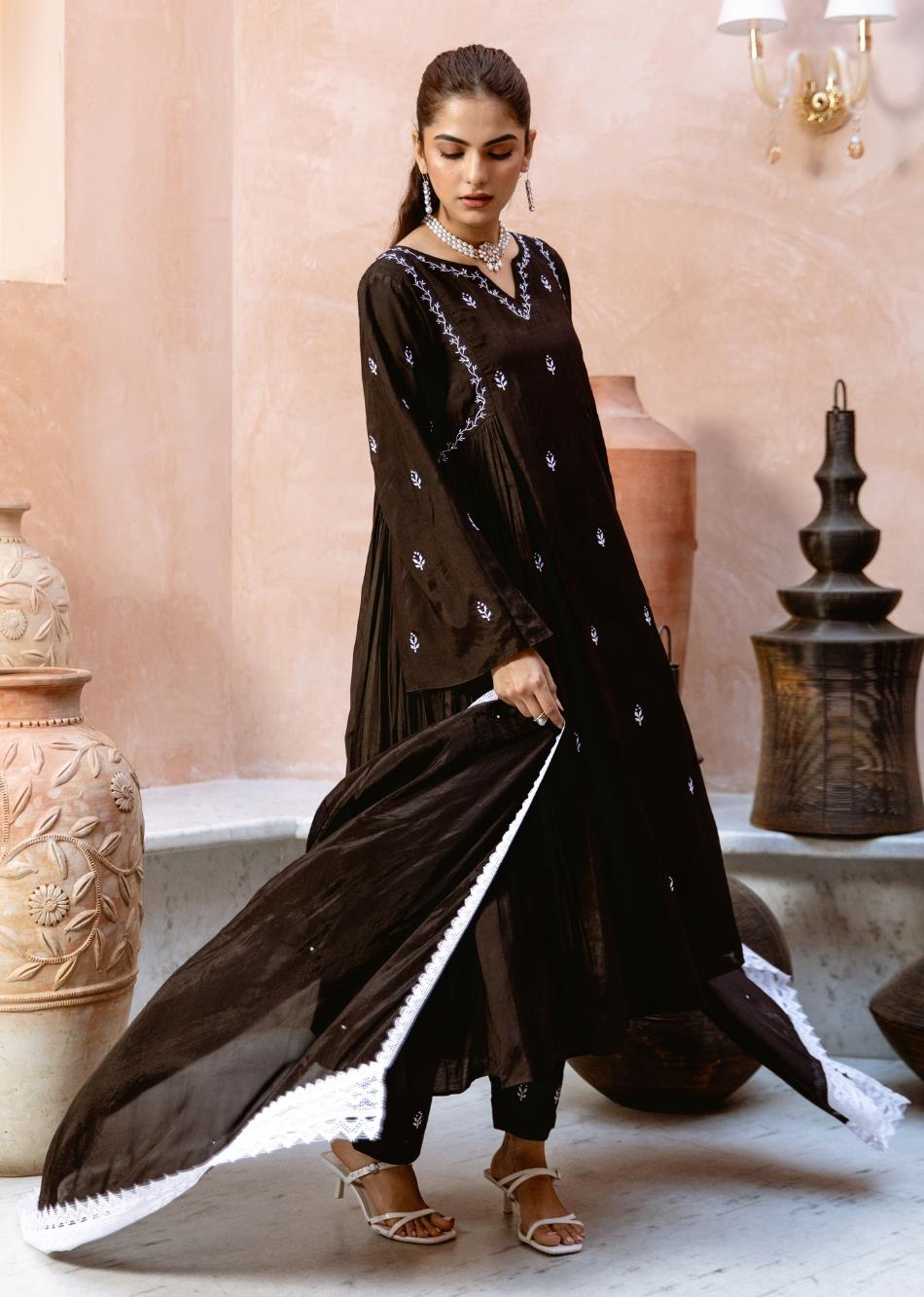 Black Silk Side Gather Anarkali Suit Set