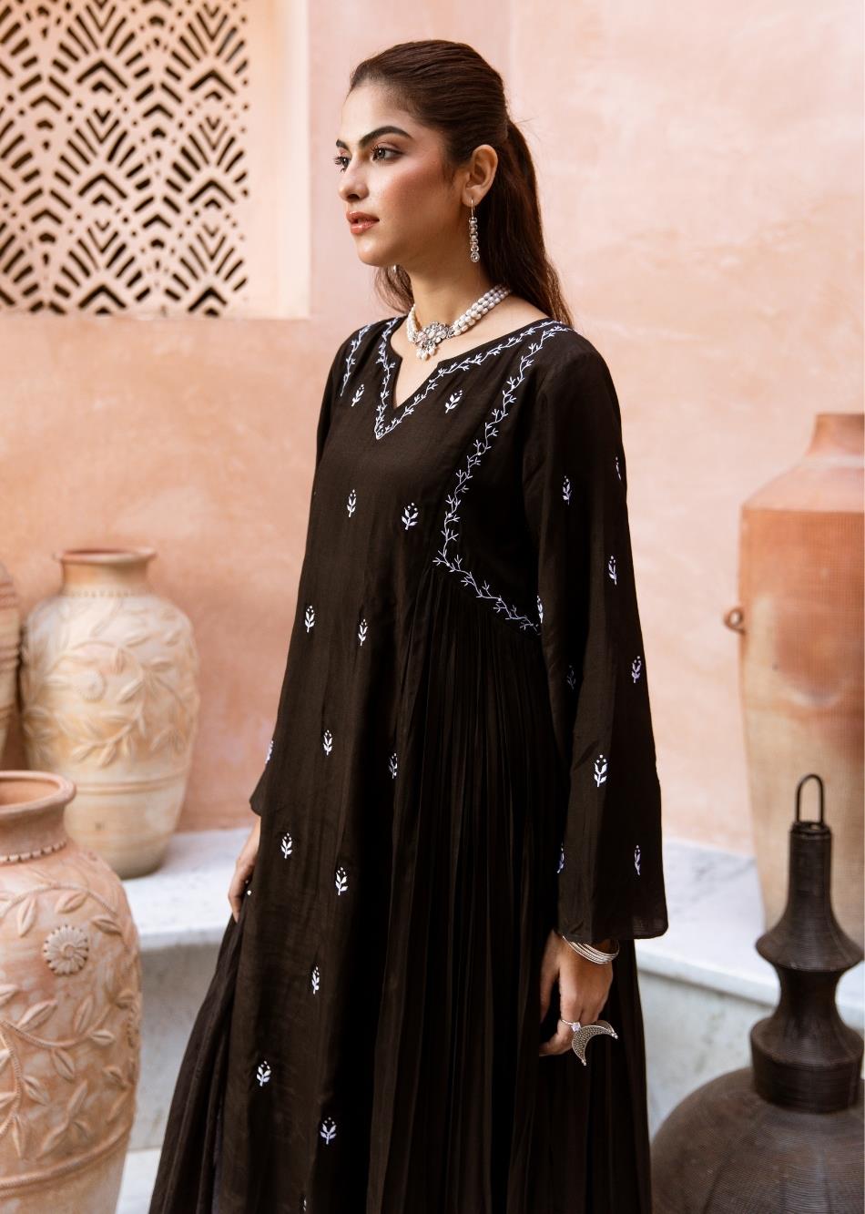 Black Silk Side Gather Anarkali Suit Set