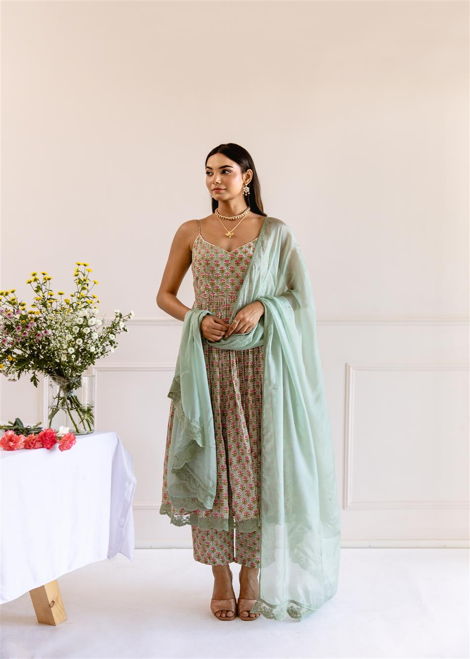 Green Printed Strappy Anarkali Suit Set