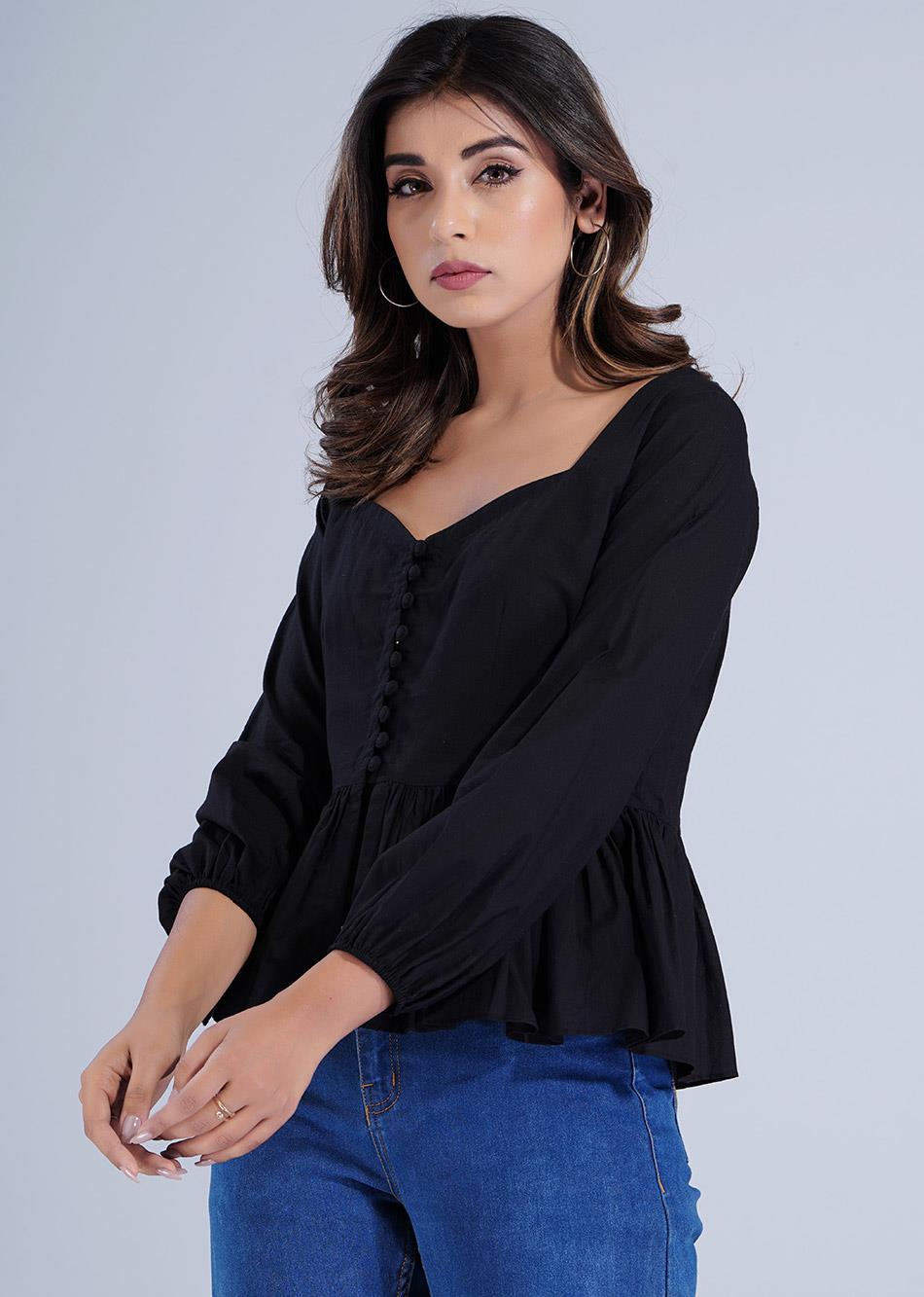 Black Gathered Potli Button Crop Shirt