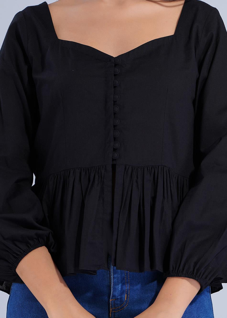 Black Gathered Potli Button Crop Shirt