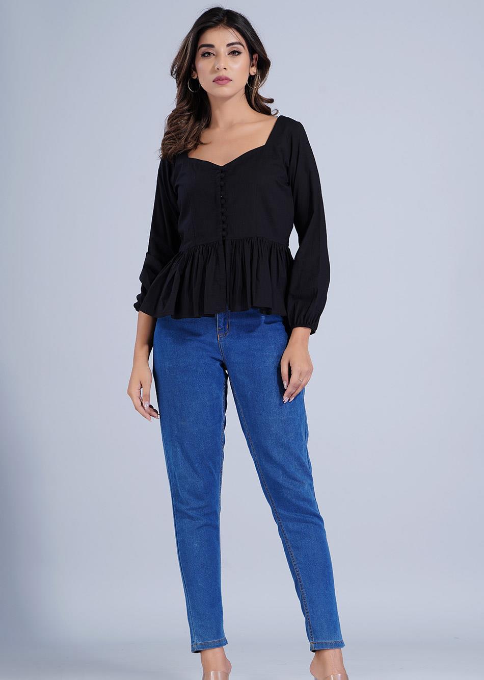 Black Gathered Potli Button Crop Shirt