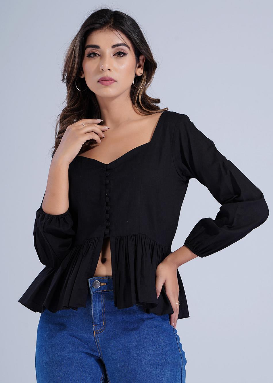 Black Gathered Potli Button Crop Shirt