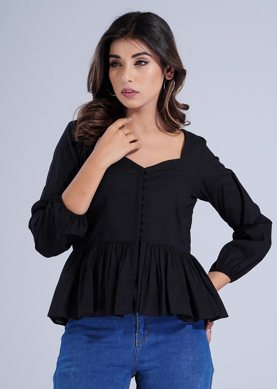 Black Gathered Potli Button Crop Shirt