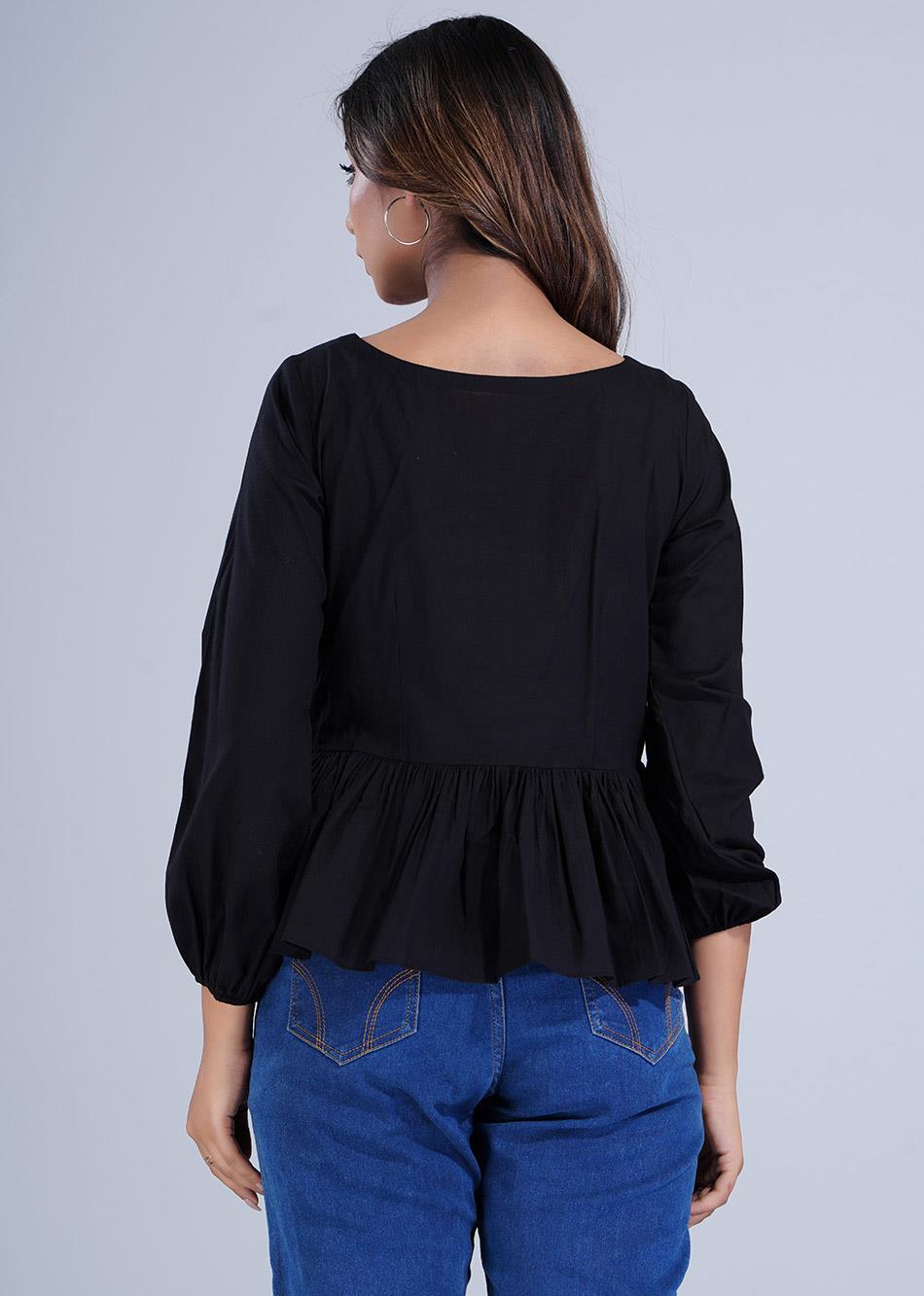 Black Gathered Potli Button Crop Shirt