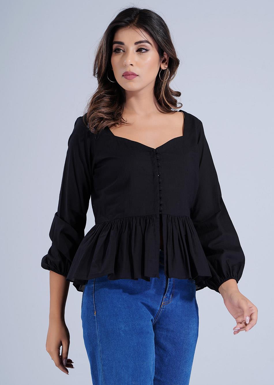 Black Gathered Potli Button Crop Shirt