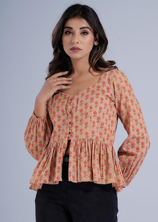 Cotton Orange Printed Potli Button Crop Shirts for Women - JOVI India