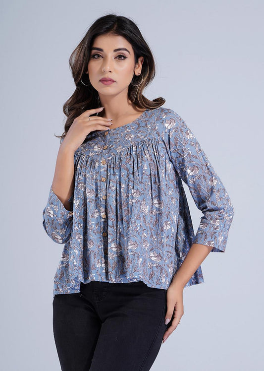 Grey Floral Gathered Crop Shirt