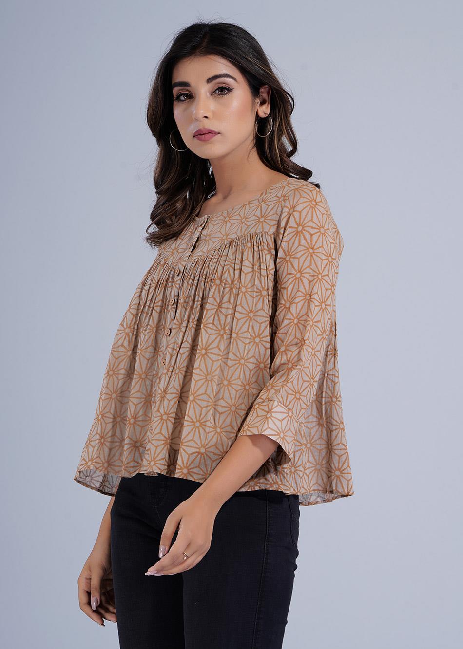 Brown Printed Gathered Crop Shirt