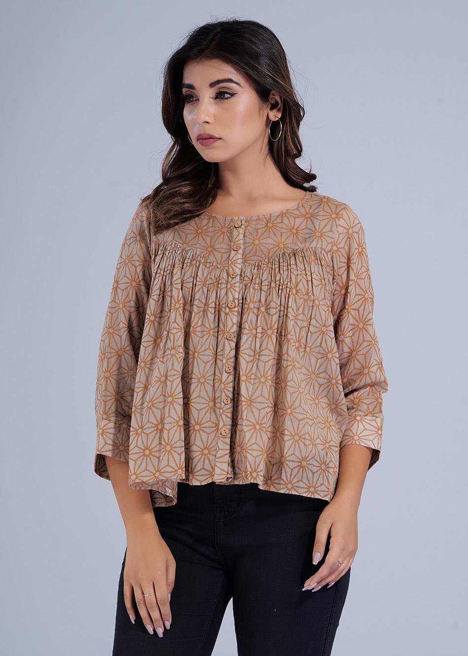 Brown Printed Gathered Crop Shirt