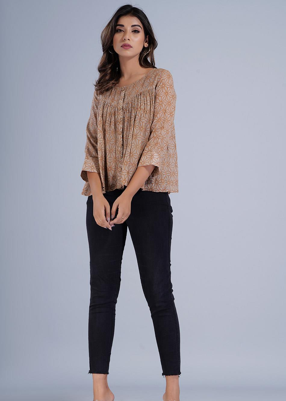 Brown Printed Gathered Crop Shirt