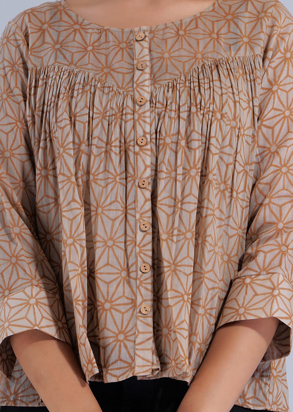 Brown Printed Gathered Crop Shirt