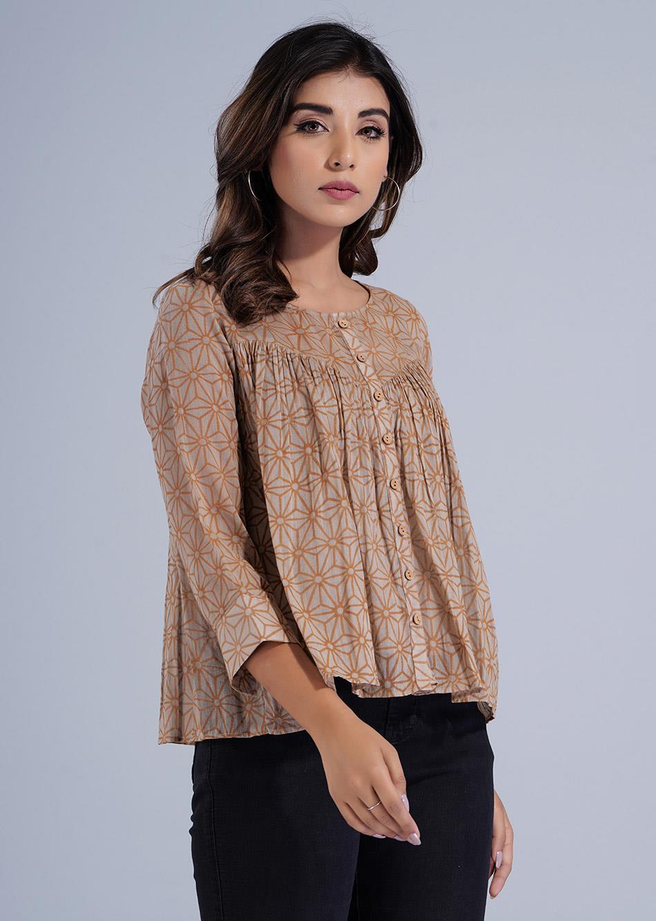 Brown Printed Gathered Crop Shirt