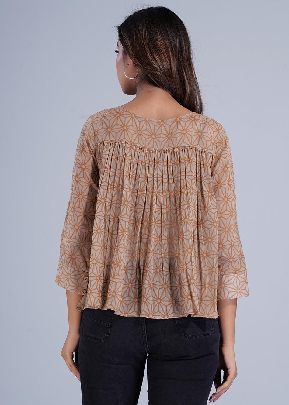 Brown Printed Gathered Crop Shirt