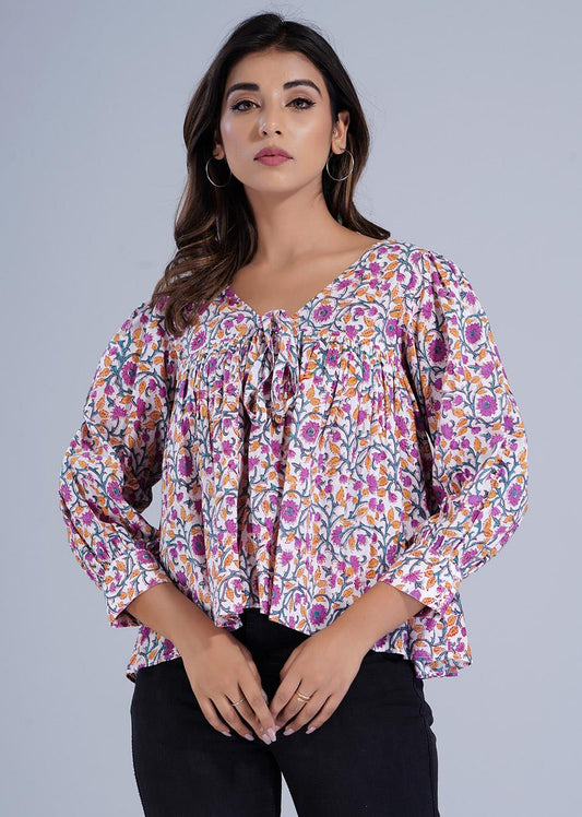  Violet Printed Gathered Crop Tops for Women -JOVI India