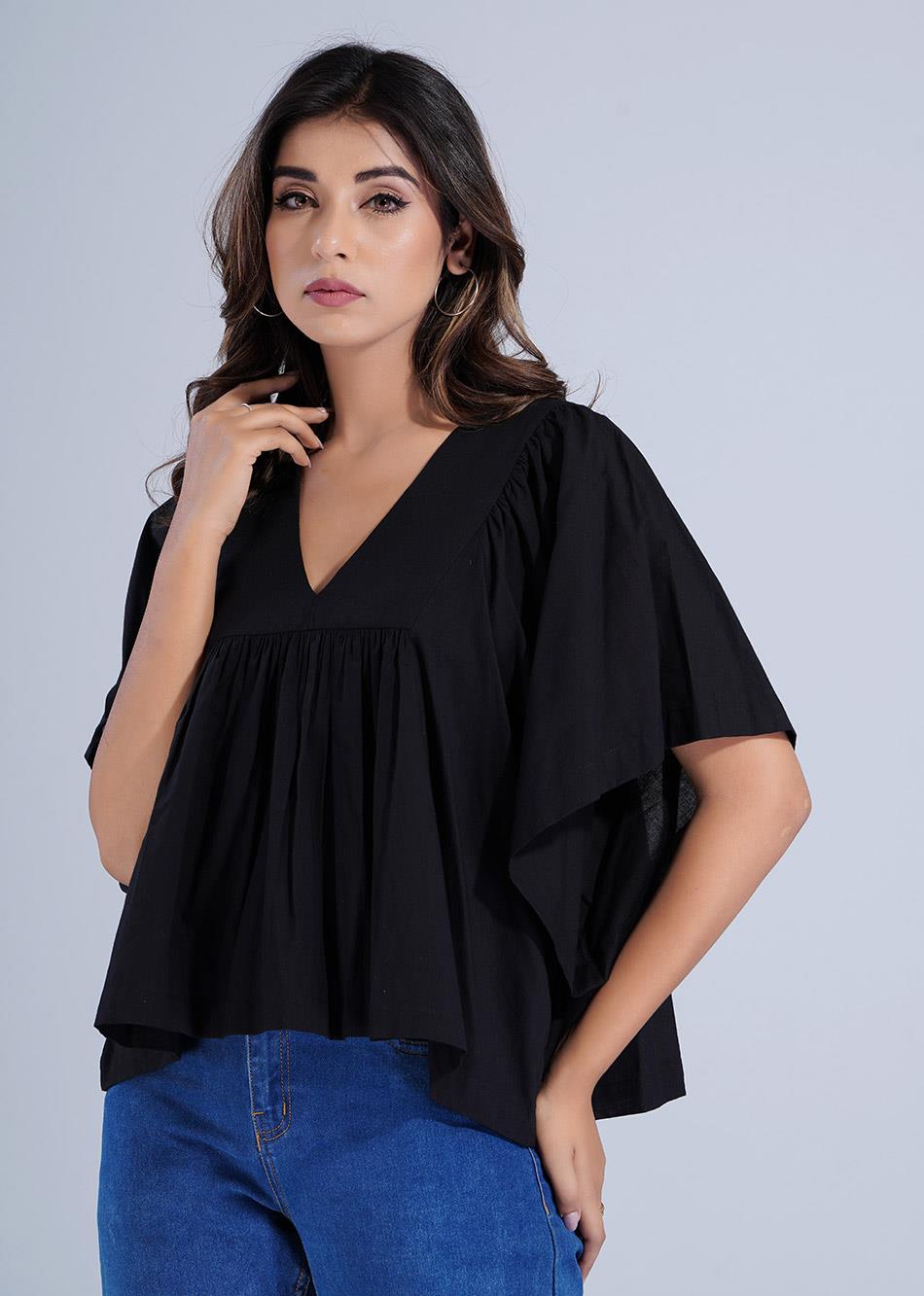 Cotton Black Loose Sleeves Gathered Tops for Women - JOVI India 