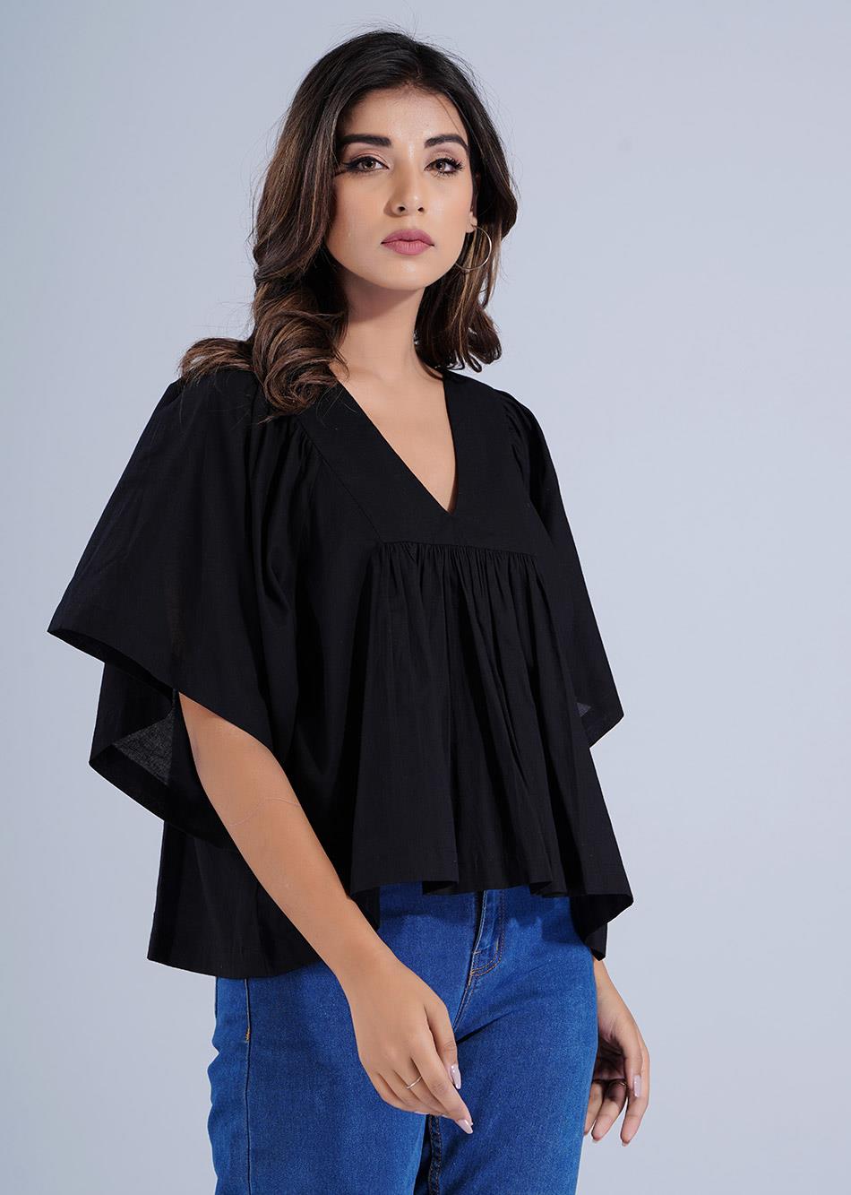 Cotton Black Loose Sleeves Gathered Tops for Women - JOVI India 