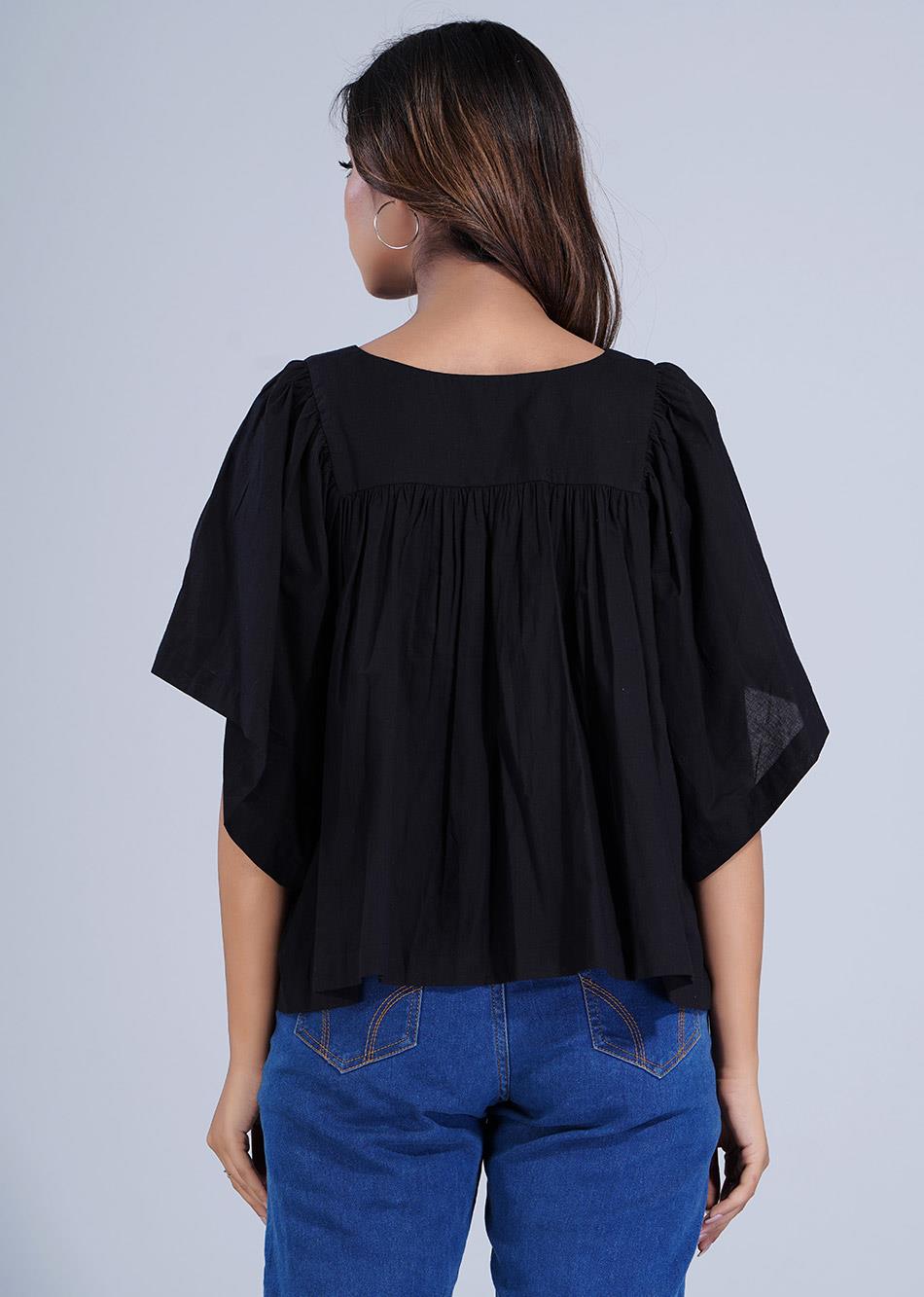 Cotton Black Loose Sleeves Gathered Tops for Women - JOVI India 