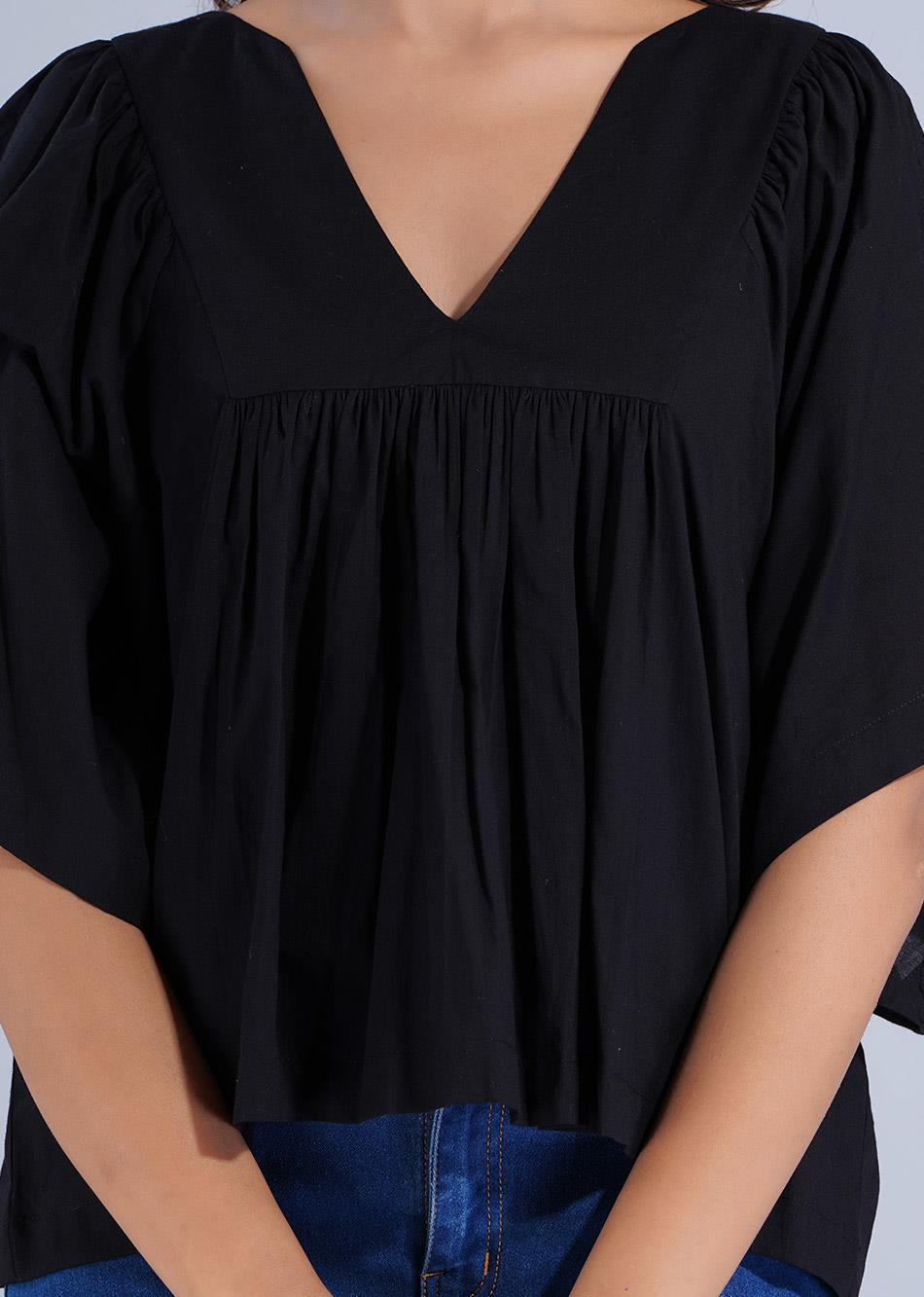 Cotton Black Loose Sleeves Gathered Tops for Women - JOVI India 