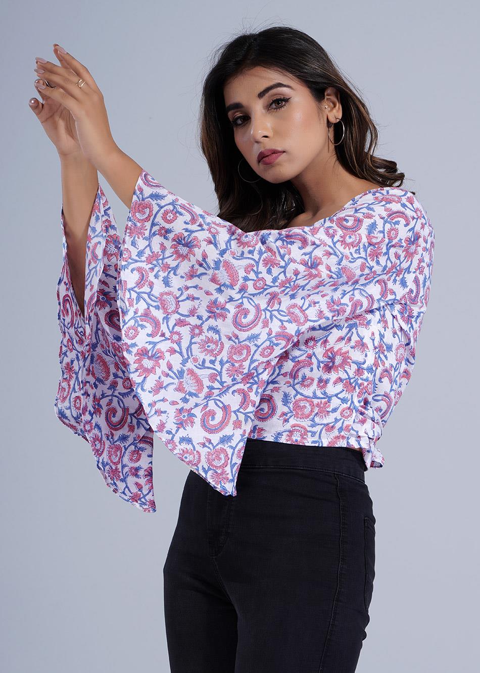 White Floral Print Wrap Style Top