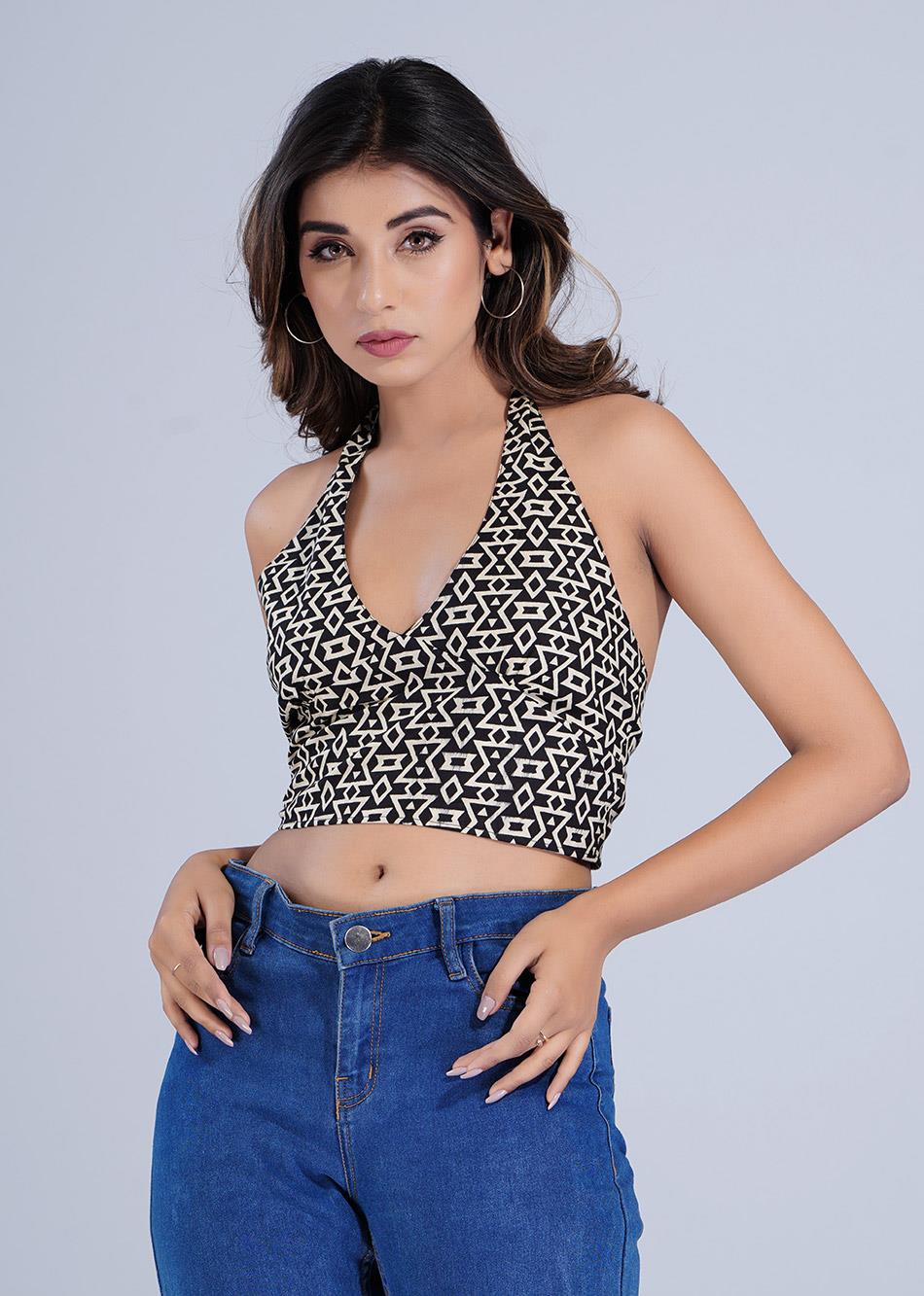 Black Printed Halter Neck Top