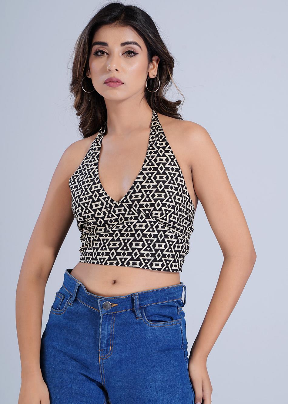 Black Printed Halter Neck Top