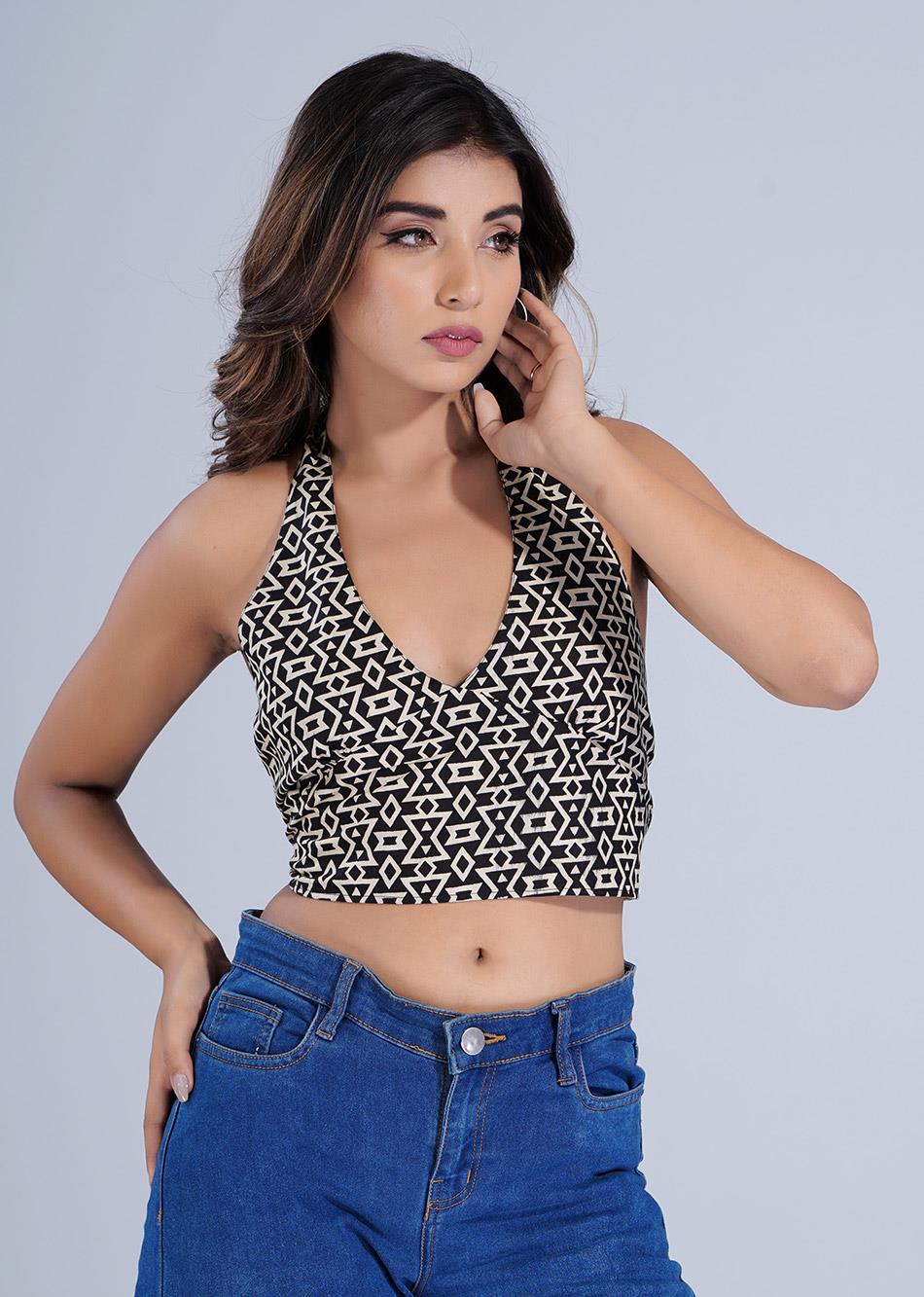 Black Printed Halter Neck Top