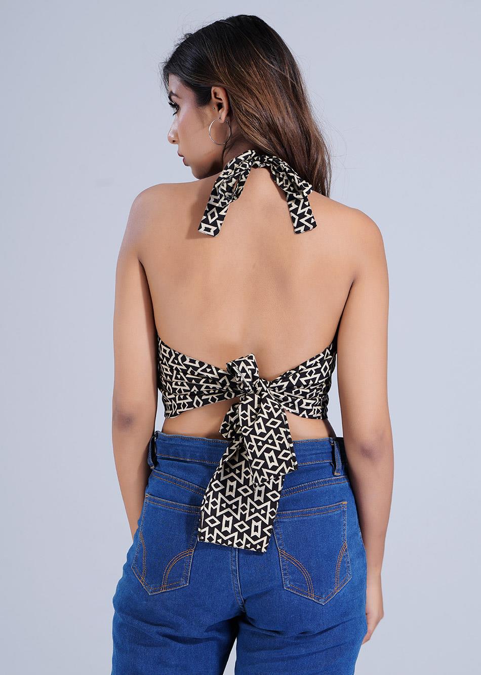 Black Printed Halter Neck Top