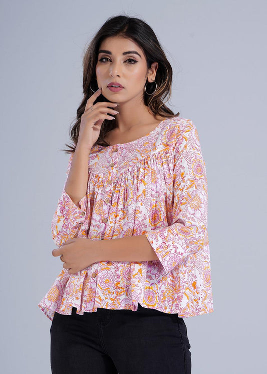 White Printed Gathered Crop Shirt Tops for Women - JOVI India