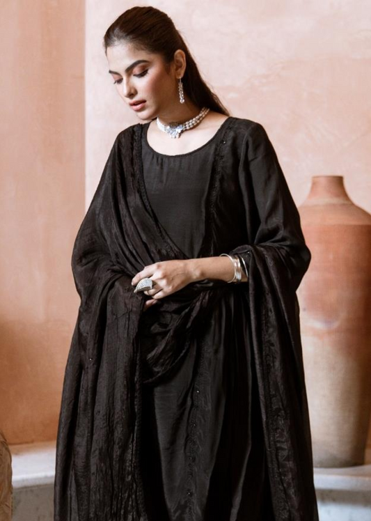 Black Silk Kurta Shalwar Suit Set