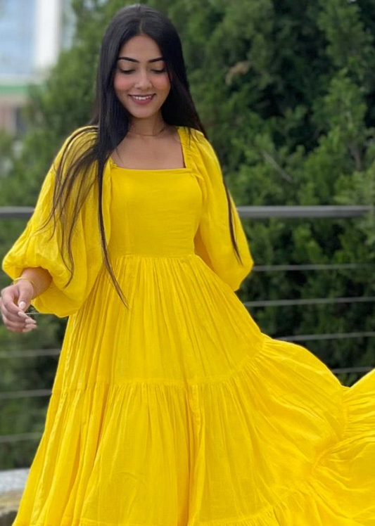 Yellow Square Neck Tired Dress