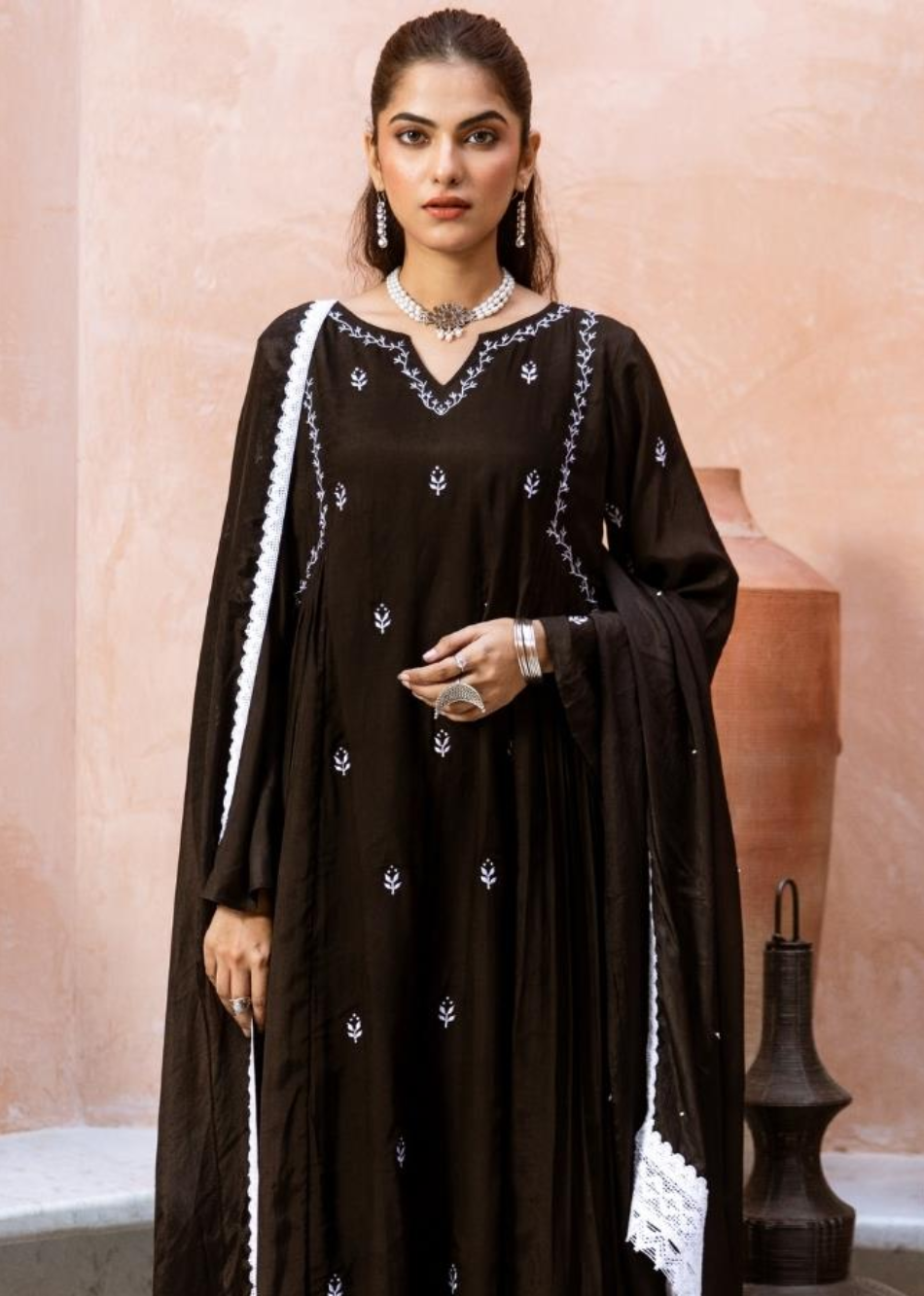 Black Silk Side Gather Anarkali Suit Set