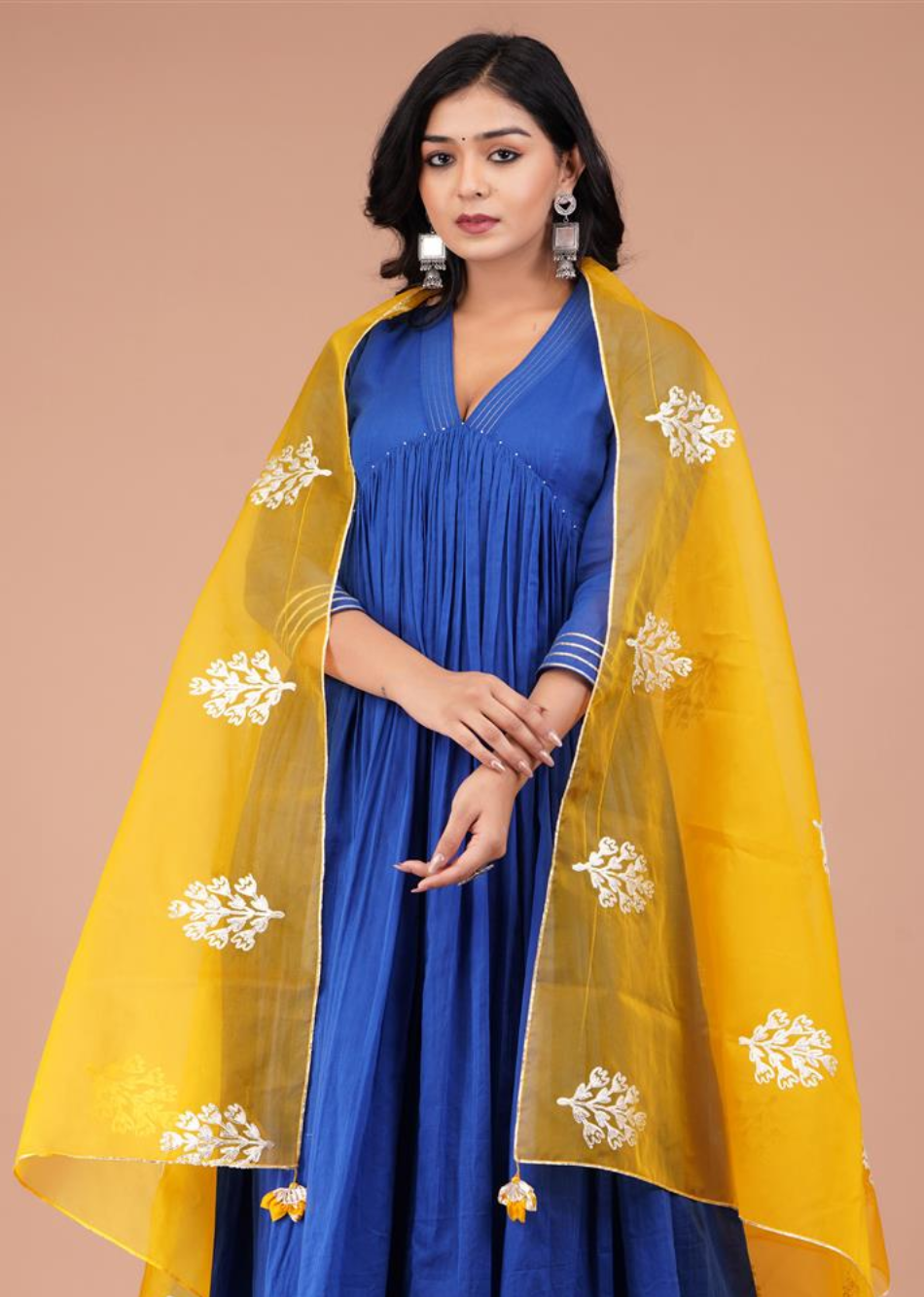 Blue Gathered Anarkali with Organza Dupatta