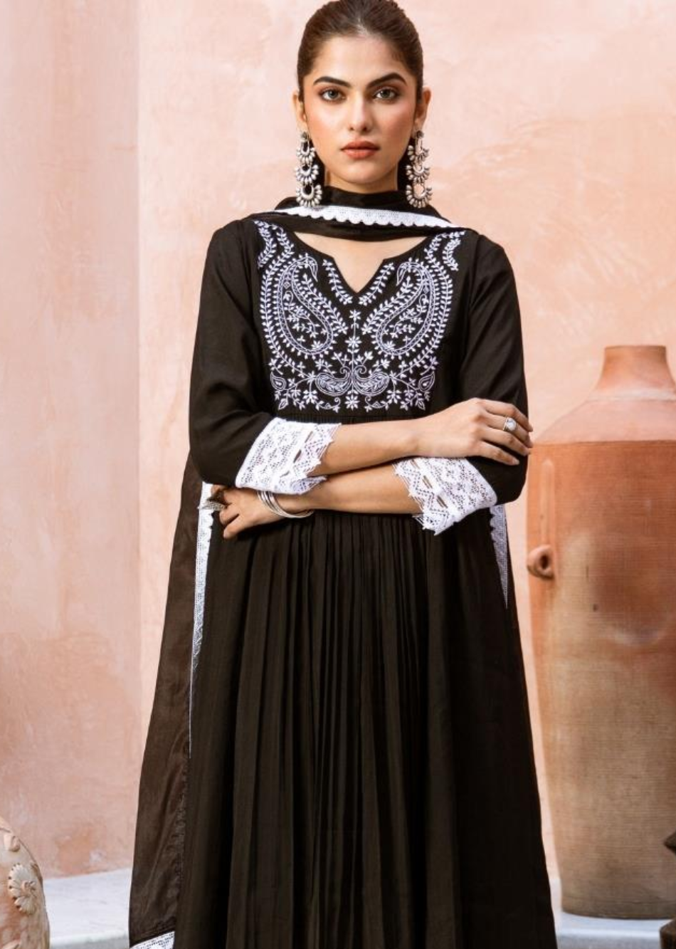 Black Silk Embroidered Anarkali Suit Set